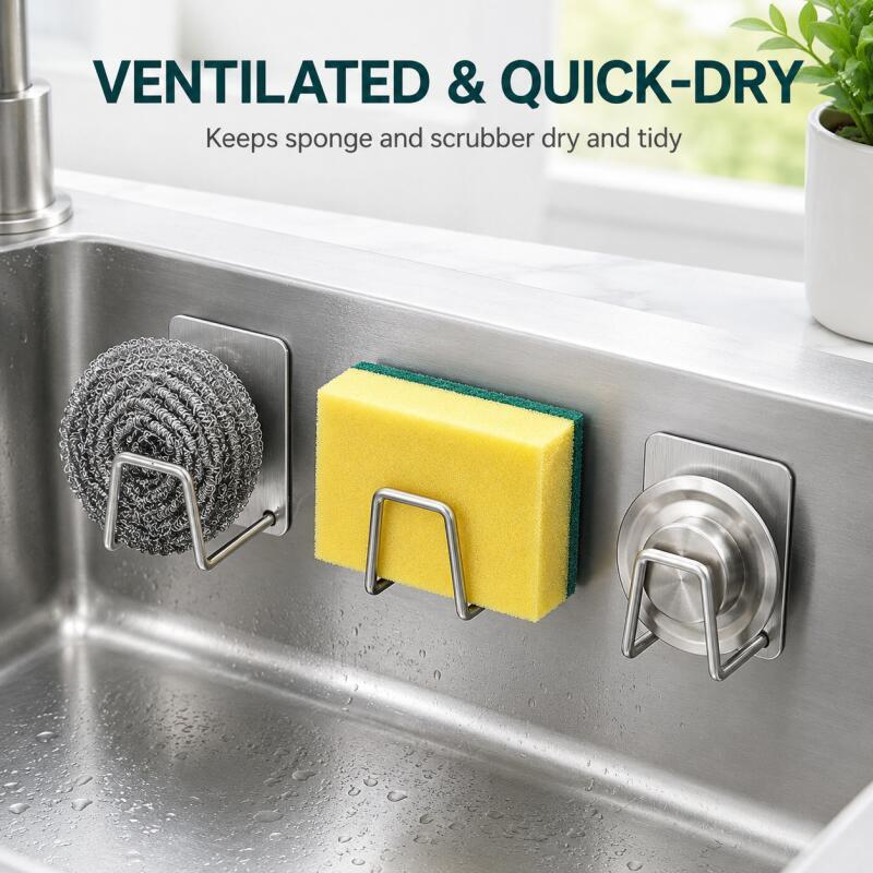 Home Bathroom Products - Self-Adhesive Stainless Steel Sponge Holder, No-Drill