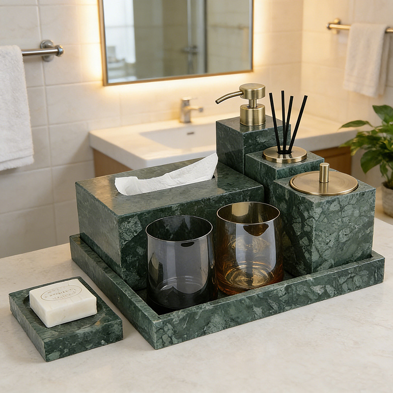 Zara Home Bathroom Set - Light Luxury Marble-Patterned Green Bathroom Accessory